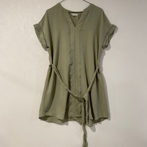 Blu Pepper Olive Green Tie Waist Blouse Size L Boho Short Sleeve Top